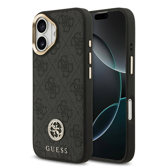 Apple iPhone 17 Kılıf Guess Orjinal Lisanslı M-safe Şarj Özellikli Gold Metal Kamera Çerçeveli Taşlı 4G Logolu Kapak  Kahverengi