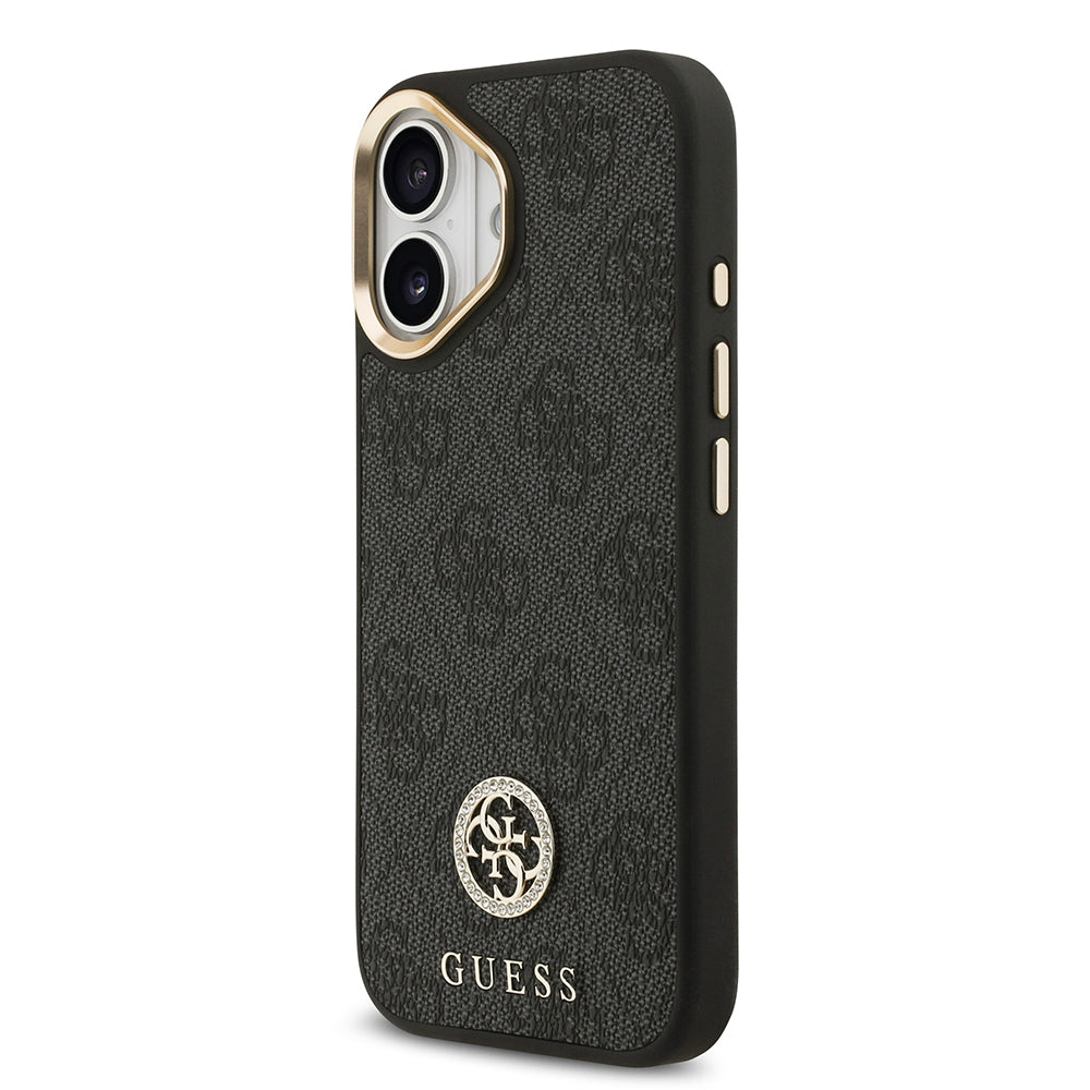 Apple iPhone 17 Kılıf Guess Orjinal Lisanslı M-safe Şarj Özellikli Gold Metal Kamera Çerçeveli Taşlı 4G Logolu Kapak  Kahverengi