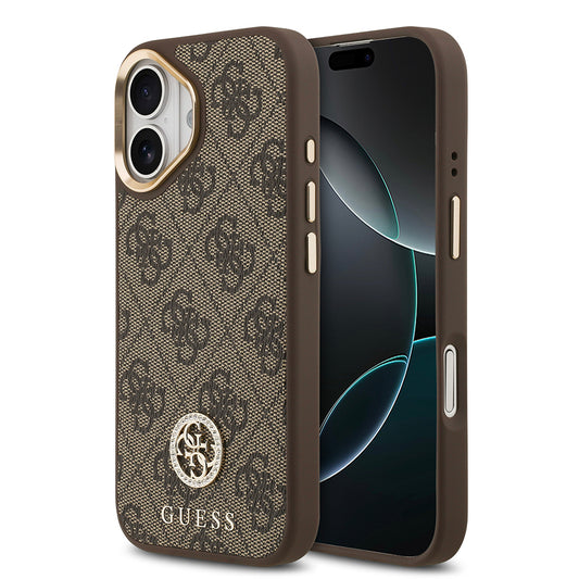 Apple iPhone 17 Kılıf Guess Orjinal Lisanslı M-safe Şarj Özellikli Gold Metal Kamera Çerçeveli Taşlı 4G Logolu Kapak  Kahverengi
