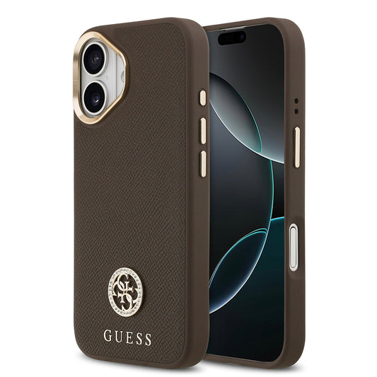 Apple iPhone 17 Kılıf Guess Orjinal Lisanslı M-safe Şarj Özellikli Grained Yazı ve Taşlı 4G Logolu Kapak