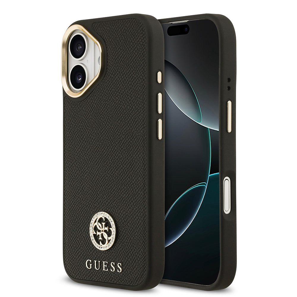 Apple iPhone 17 Kılıf Guess Orjinal Lisanslı M-safe Şarj Özellikli Grained Yazı ve Taşlı 4G Logolu Kapak