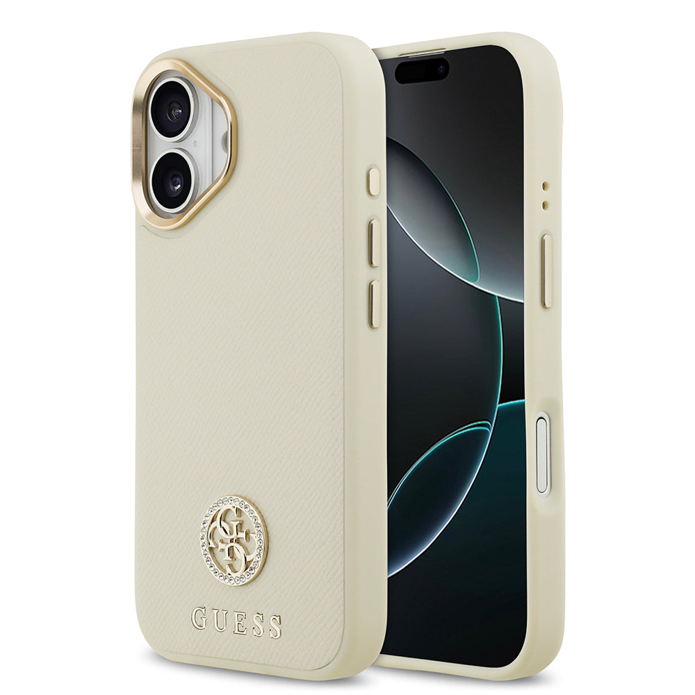 Apple iPhone 17 Kılıf Guess Orjinal Lisanslı M-safe Şarj Özellikli Grained Yazı ve Taşlı 4G Logolu Kapak
