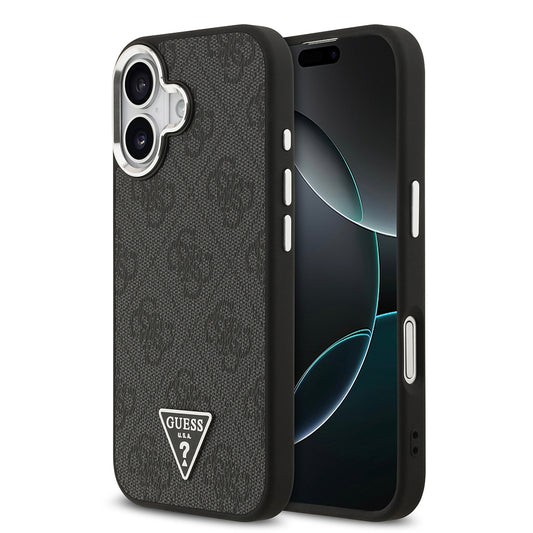 Apple iPhone 17 Kılıf Guess Orjinal Lisanslı M-safe Şarj Özellikli Gümüş Metal Kamera Çerçeveli Üçgen Logo 4G Desenli Kapak