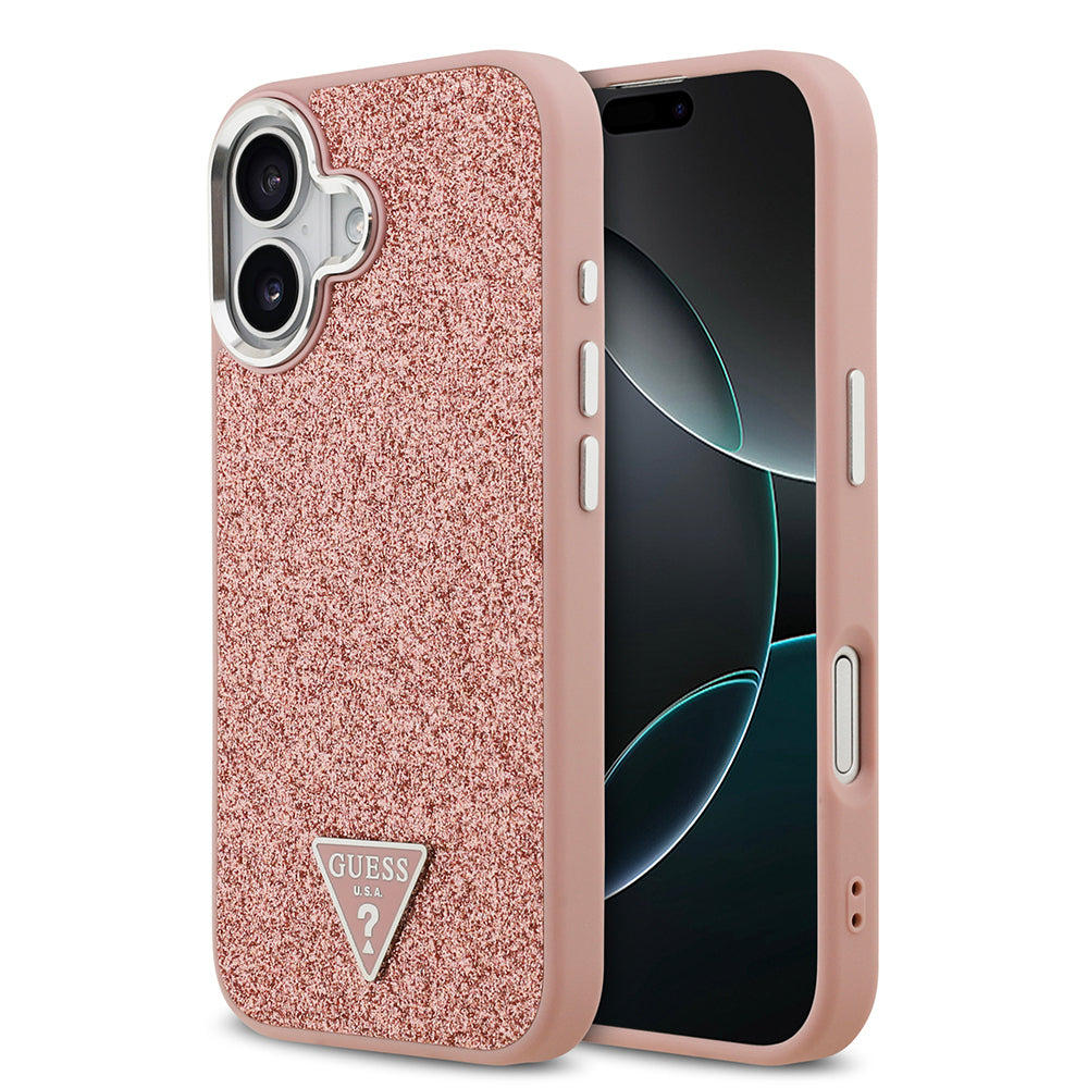 Apple iPhone 17 Kılıf Guess Orjinal Lisanslı M-safe Şarj Özellikli Metal Kamera Çerçeveli Üçgen Logolu Glitter Kapak