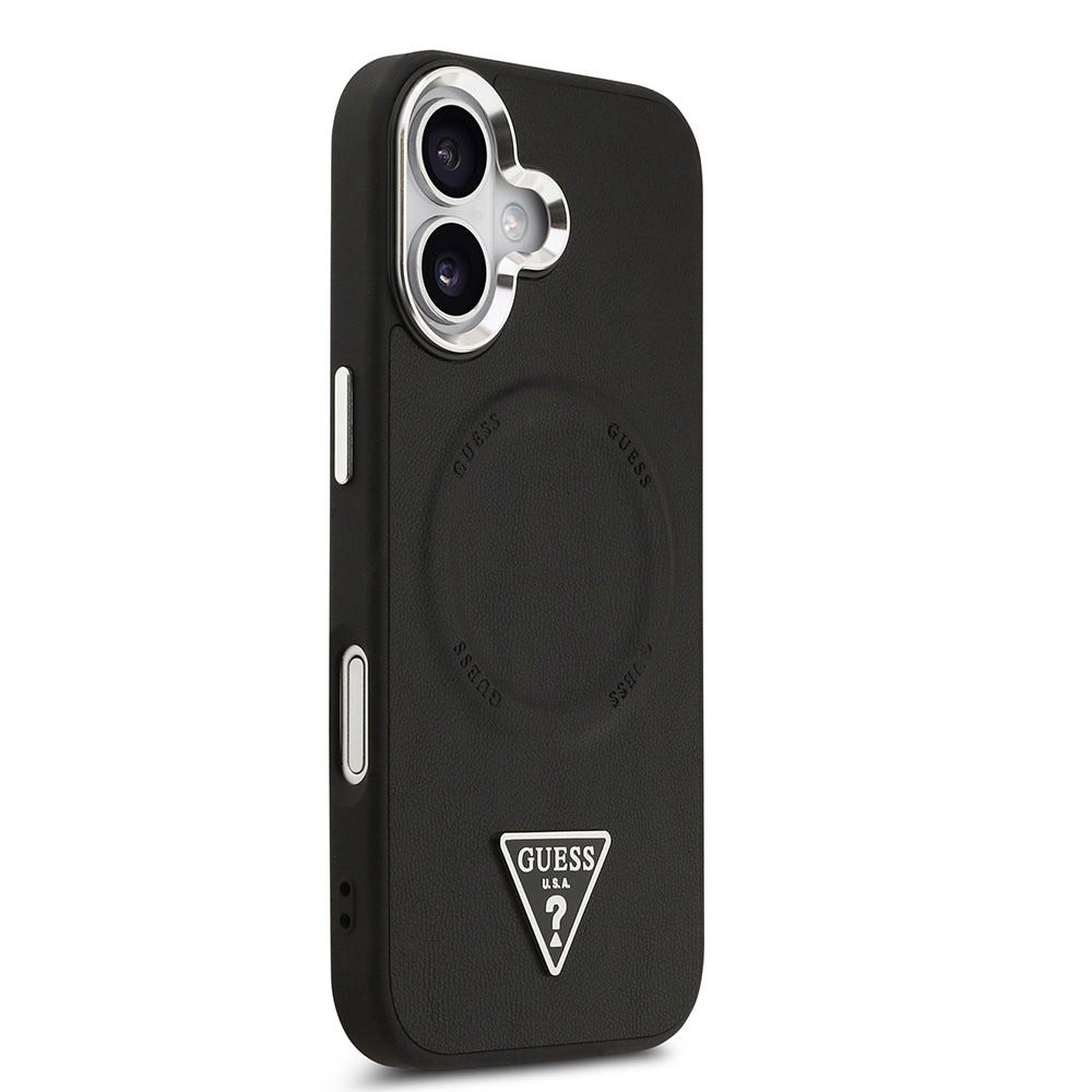 Apple iPhone 17 Kılıf Guess Orjinal Lisanslı M-safe Şarj Özellikli PU Deri Metal Kamera Çerçeveli Üçgen Logolu Kapak  Siyah