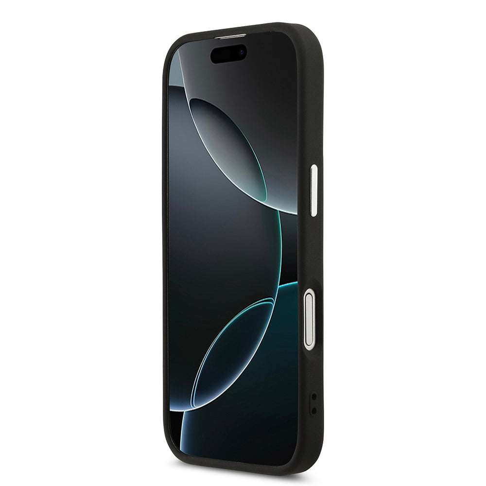 Apple iPhone 17 Kılıf Guess Orjinal Lisanslı M-safe Şarj Özellikli PU Deri Metal Kamera Çerçeveli Üçgen Logolu Kapak  Siyah