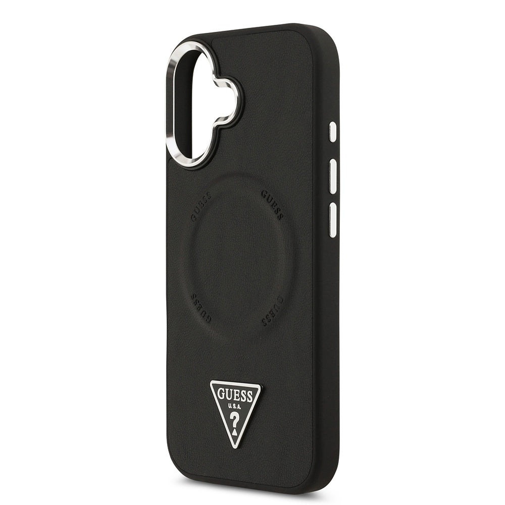 Apple iPhone 17 Kılıf Guess Orjinal Lisanslı M-safe Şarj Özellikli PU Deri Metal Kamera Çerçeveli Üçgen Logolu Kapak  Siyah