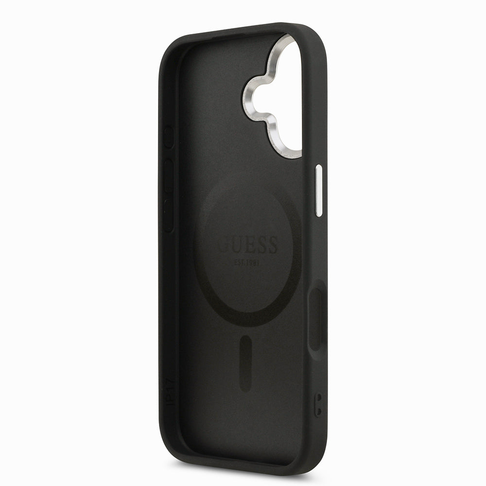 Apple iPhone 17 Kılıf Guess Orjinal Lisanslı M-safe Şarj Özellikli PU Deri Metal Kamera Çerçeveli Üçgen Logolu Kapak  Siyah