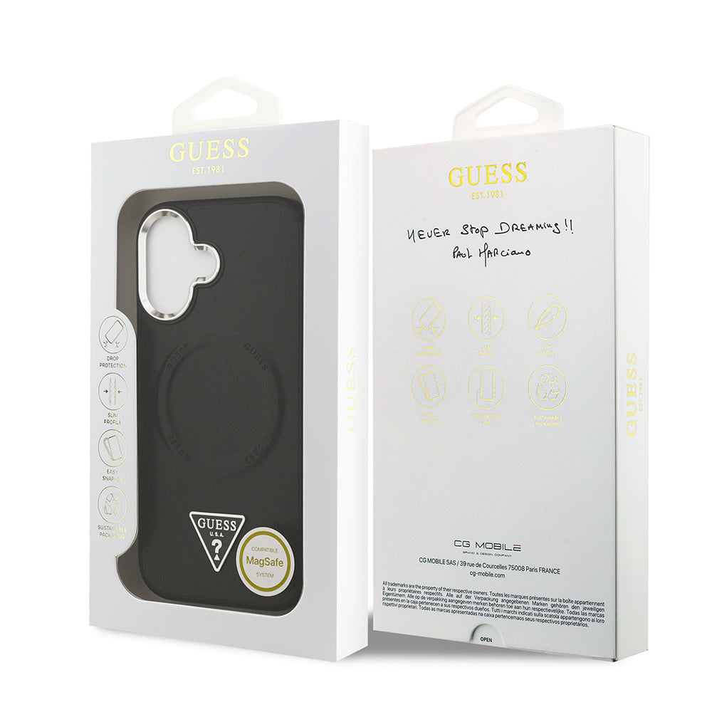 Apple iPhone 17 Kılıf Guess Orjinal Lisanslı M-safe Şarj Özellikli PU Deri Metal Kamera Çerçeveli Üçgen Logolu Kapak  Siyah