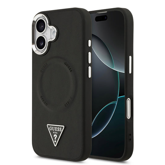 Apple iPhone 17 Kılıf Guess Orjinal Lisanslı M-safe Şarj Özellikli PU Deri Metal Kamera Çerçeveli Üçgen Logolu Kapak  Siyah