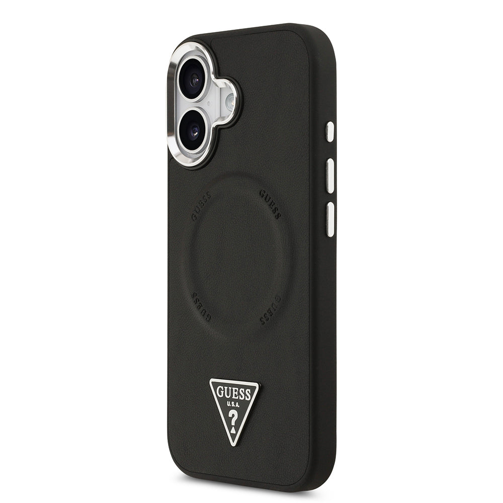 Apple iPhone 17 Kılıf Guess Orjinal Lisanslı M-safe Şarj Özellikli PU Deri Metal Kamera Çerçeveli Üçgen Logolu Kapak  Siyah