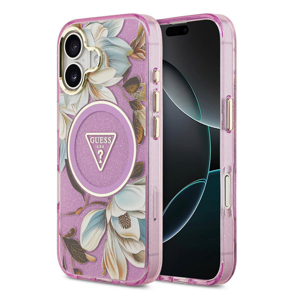 Apple iPhone 17 Kılıf Guess Orjinal Lisanslı M-safe Şarj Özellikli Simli Çiçek Desenli Metal Kamera Çerçeveli Üçgen Logolu Kapak