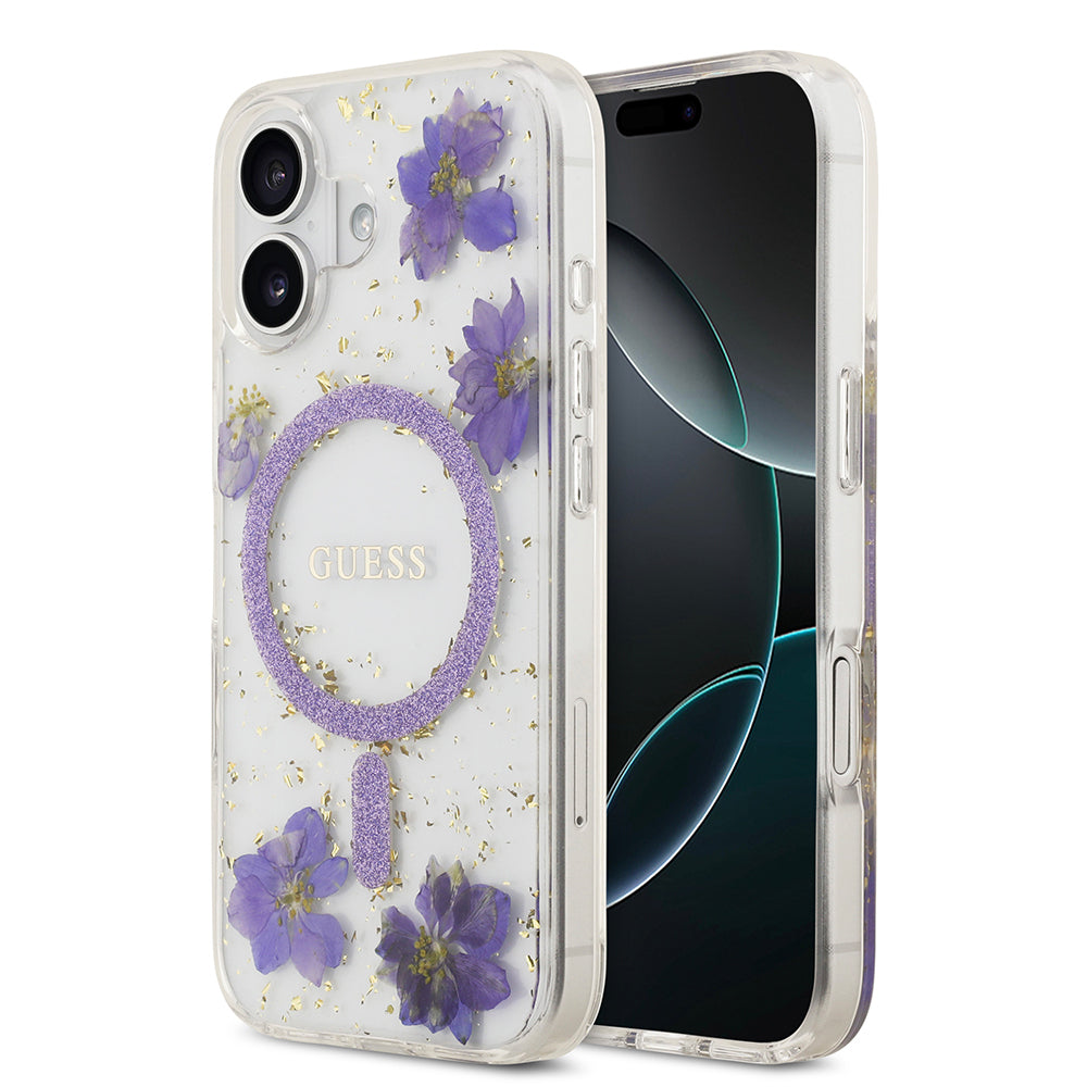 Apple iPhone 17 Kılıf Guess Orjinal Lisanslı M-safe Şarj Özellikli Transparan Resin Flowers Kapak