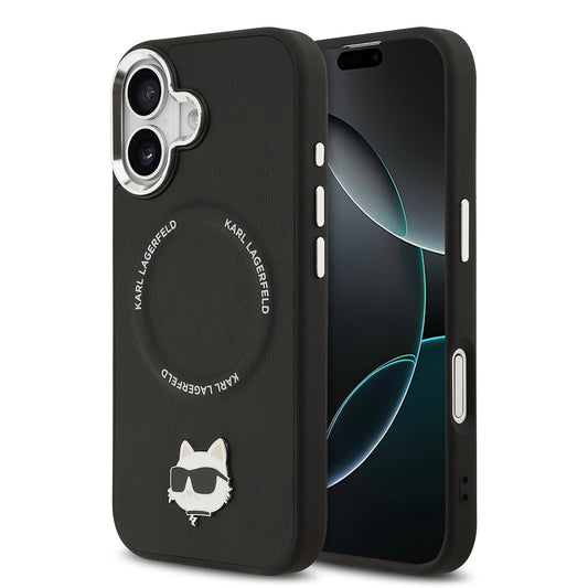 Apple iPhone 17 Kılıf Karl Lagerfeld Orjinal Lisanslı M-safe Şarj Özellikli Metal Kamera ve Buton Tasarımlı Choupette PU Deri Kapak