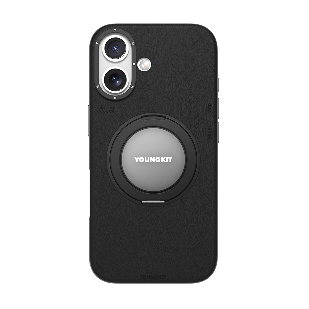 Apple iPhone 17 Kılıf M-safe Şarj Özellikli 360 Derece Standlı Basit Mat Deri Desenli Youngkit Tech Leather Serisi Kapak