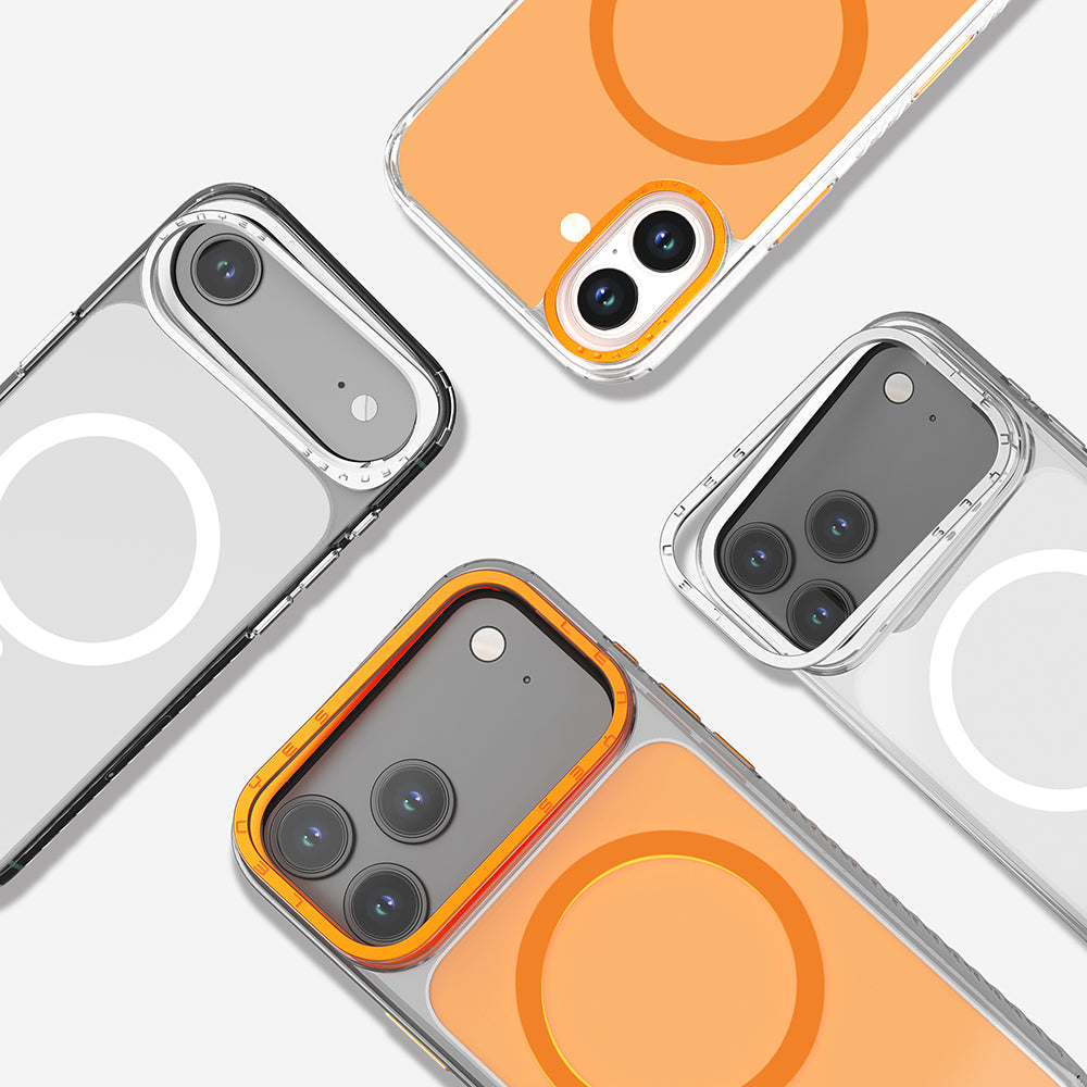 Apple iPhone 17 Kılıf M-safe Şarj Özellikli Metal Kamera Çerçeveli Airbag Tasarımlı Lenyes CK221 Sert PC Kapak Turuncu