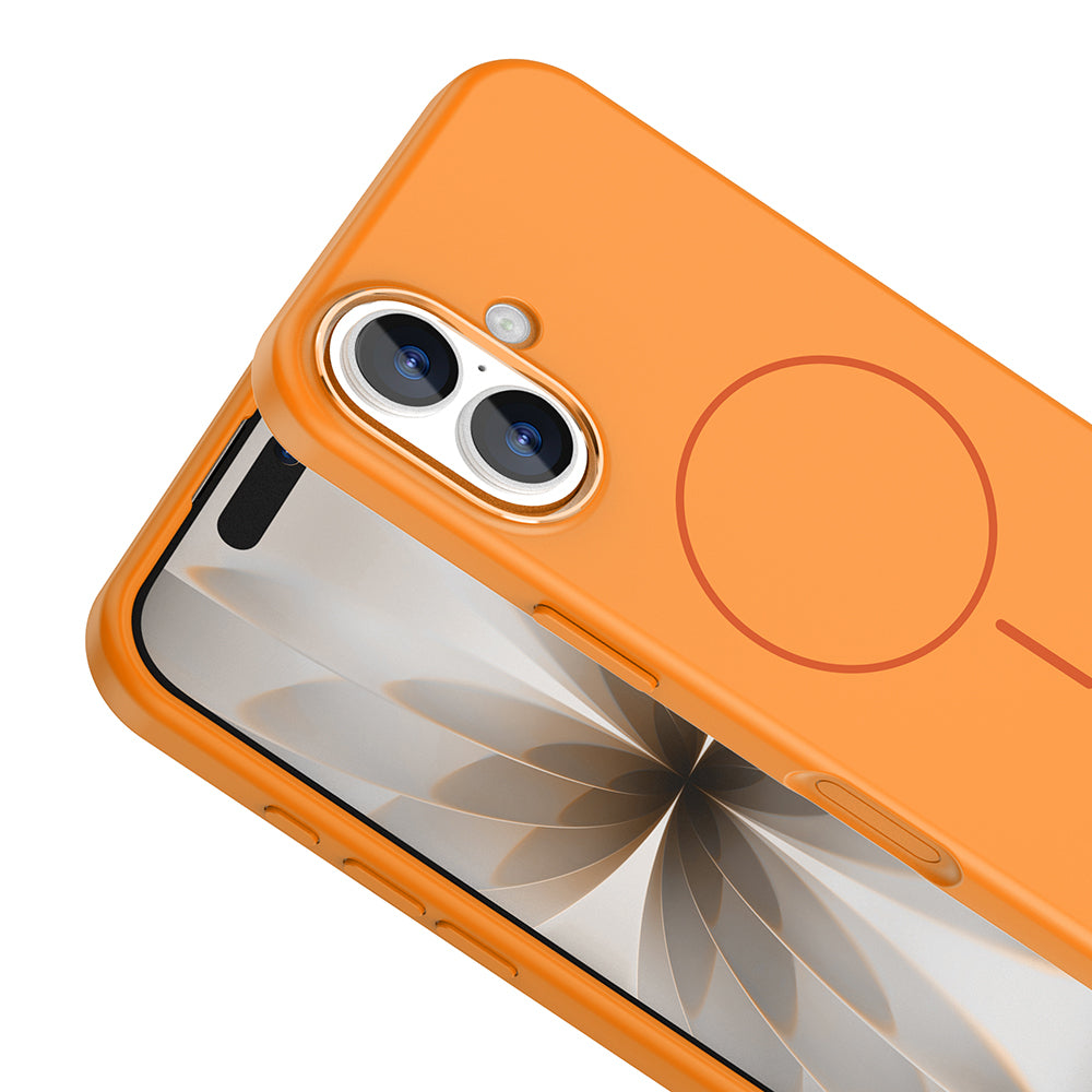 Apple iPhone 17 Kılıf M-Safe Şarj Özellikli Metal Kamera Çerçeveli Zore Edi Silikon Kapak Turuncu