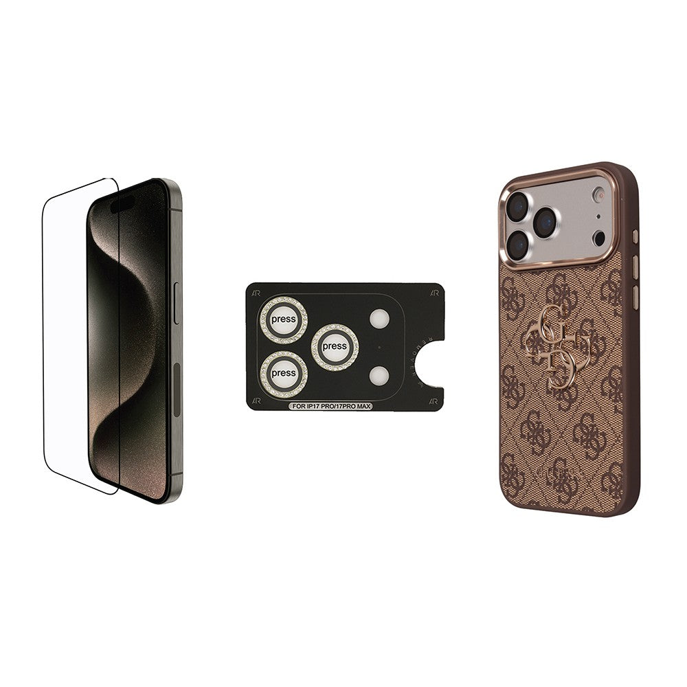 Apple iPhone 17 Pro Guess Orjinal Lisanslı Büyük 4G ve Yazı Logolu Kılıf + Ekran Koruyucu + Lens Koruyucu 3in1 Aksesuar Seti