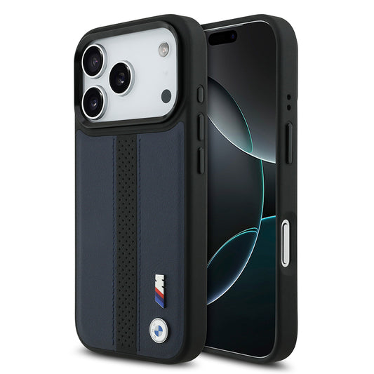 Apple iPhone 17 Pro Kılıf BMW Orjinal Lisanslı M-safe Şarj Özellikli Deri Arka Yüzey Metal Logolu Delikli Şerit Tasarımlı Kapak Lacivert
