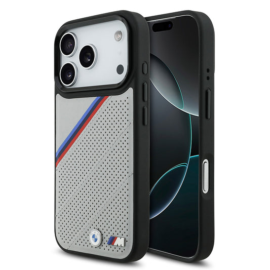 Apple iPhone 17 Pro Kılıf BMW Orjinal Lisanslı M-safe Şarj Özellikli M Logolu Üç Şeritli Delikli Deri Kapak Siyah