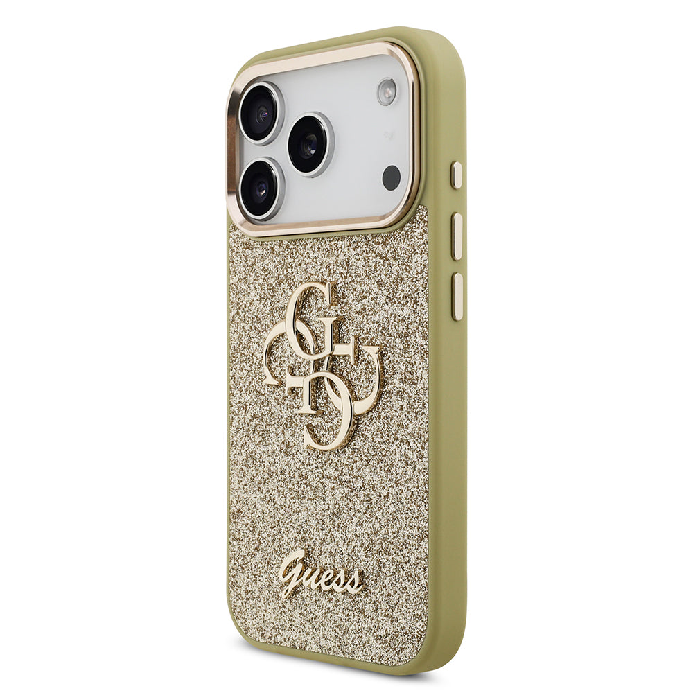 Apple iPhone 17 Pro Kılıf Guess Orjinal Lisanslı 4G Büyük Metal Kamera Çerçeveli ve Logolu Glitter Kapak Gold