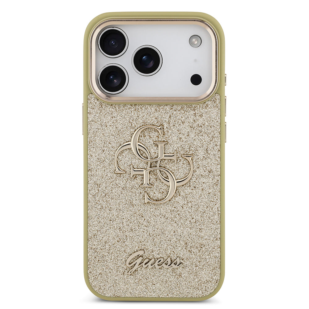 Apple iPhone 17 Pro Kılıf Guess Orjinal Lisanslı 4G Büyük Metal Kamera Çerçeveli ve Logolu Glitter Kapak Gri