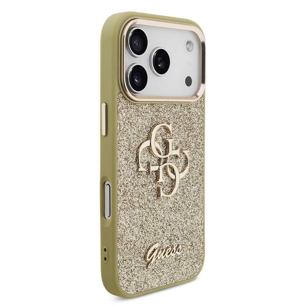 Apple iPhone 17 Pro Kılıf Guess Orjinal Lisanslı 4G Büyük Metal Kamera Çerçeveli ve Logolu Glitter Kapak Siyah