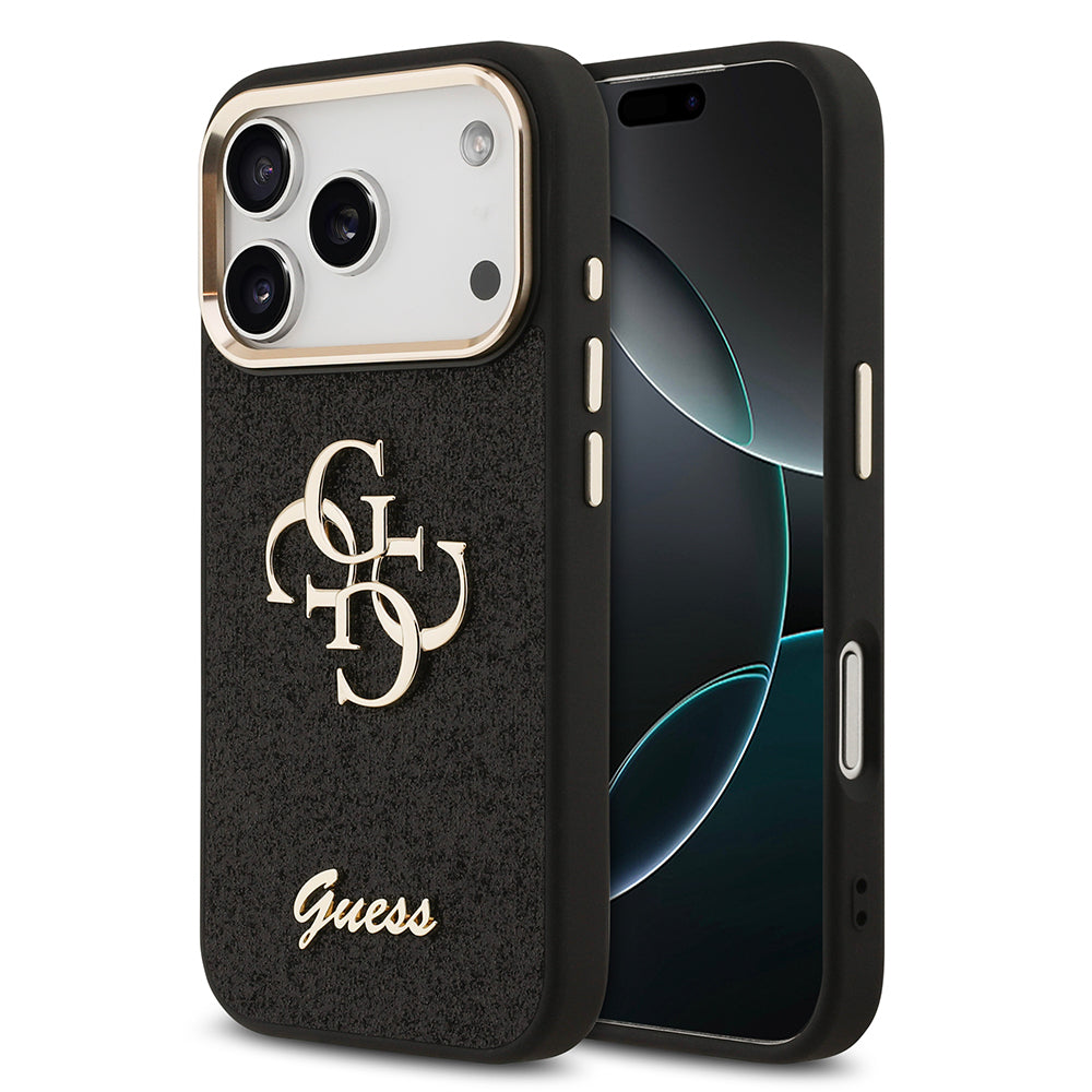 Apple iPhone 17 Pro Kılıf Guess Orjinal Lisanslı 4G Büyük Metal Kamera Çerçeveli ve Logolu Glitter Kapak Siyah