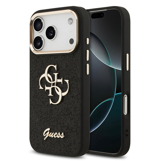 Apple iPhone 17 Pro Kılıf Guess Orjinal Lisanslı 4G Büyük Metal Kamera Çerçeveli ve Logolu Glitter Kapak Siyah