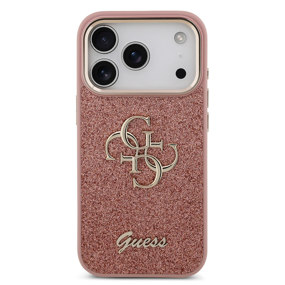 Apple iPhone 17 Pro Kılıf Guess Orjinal Lisanslı 4G Büyük Metal Kamera Çerçeveli ve Logolu Glitter Kapak Gri