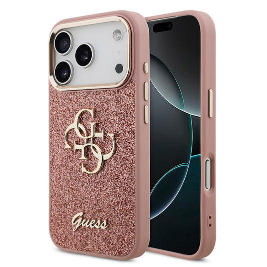 Apple iPhone 17 Pro Kılıf Guess Orjinal Lisanslı 4G Büyük Metal Kamera Çerçeveli ve Logolu Glitter Kapak Pembe
