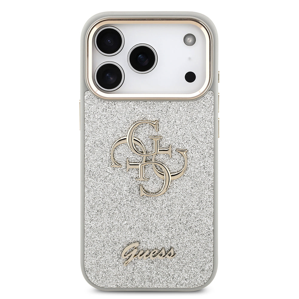 Apple iPhone 17 Pro Kılıf Guess Orjinal Lisanslı 4G Büyük Metal Kamera Çerçeveli ve Logolu Glitter Kapak Gri