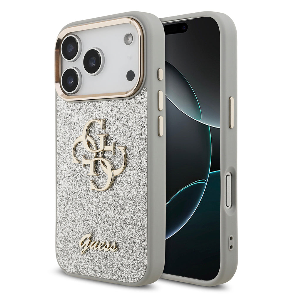 Apple iPhone 17 Pro Kılıf Guess Orjinal Lisanslı 4G Büyük Metal Kamera Çerçeveli ve Logolu Glitter Kapak Gri