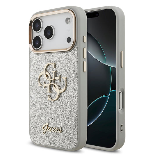 Apple iPhone 17 Pro Kılıf Guess Orjinal Lisanslı 4G Büyük Metal Kamera Çerçeveli ve Logolu Glitter Kapak Gri