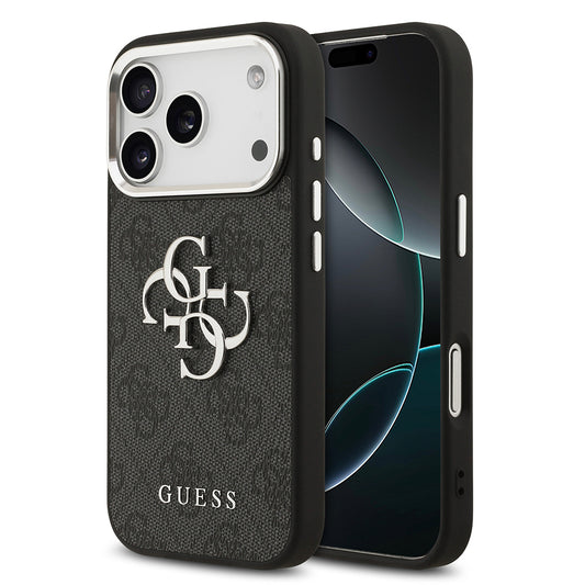 Apple iPhone 17 Pro Kılıf Guess Orjinal Lisanslı Gümüş Metal Kamera Çerçeveli 4G Desenli Metal Büyük 4G ve Yazı Logolu Kapak