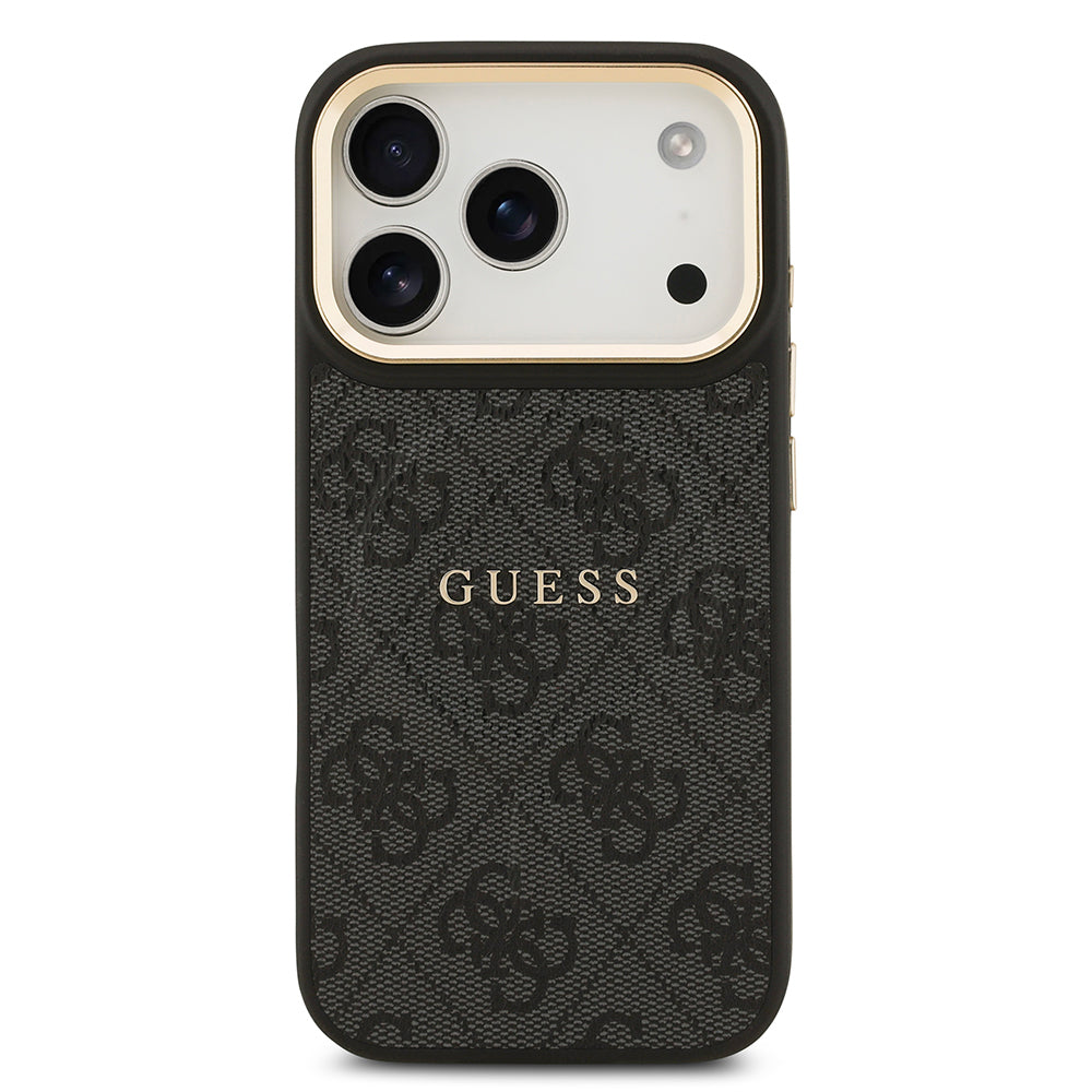 Apple iPhone 17 Pro Kılıf Guess Orjinal Lisanslı M-safe Şarj Özellikli Gold Metal Kamera Çerçeveli PU Deri 4G Desenli Yazı Logolu Kapak Kahverengi