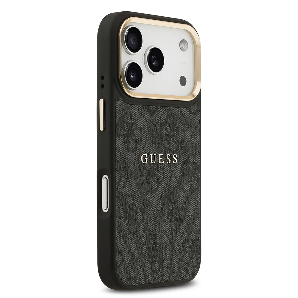 Apple iPhone 17 Pro Kılıf Guess Orjinal Lisanslı M-safe Şarj Özellikli Gold Metal Kamera Çerçeveli PU Deri 4G Desenli Yazı Logolu Kapak Kahverengi