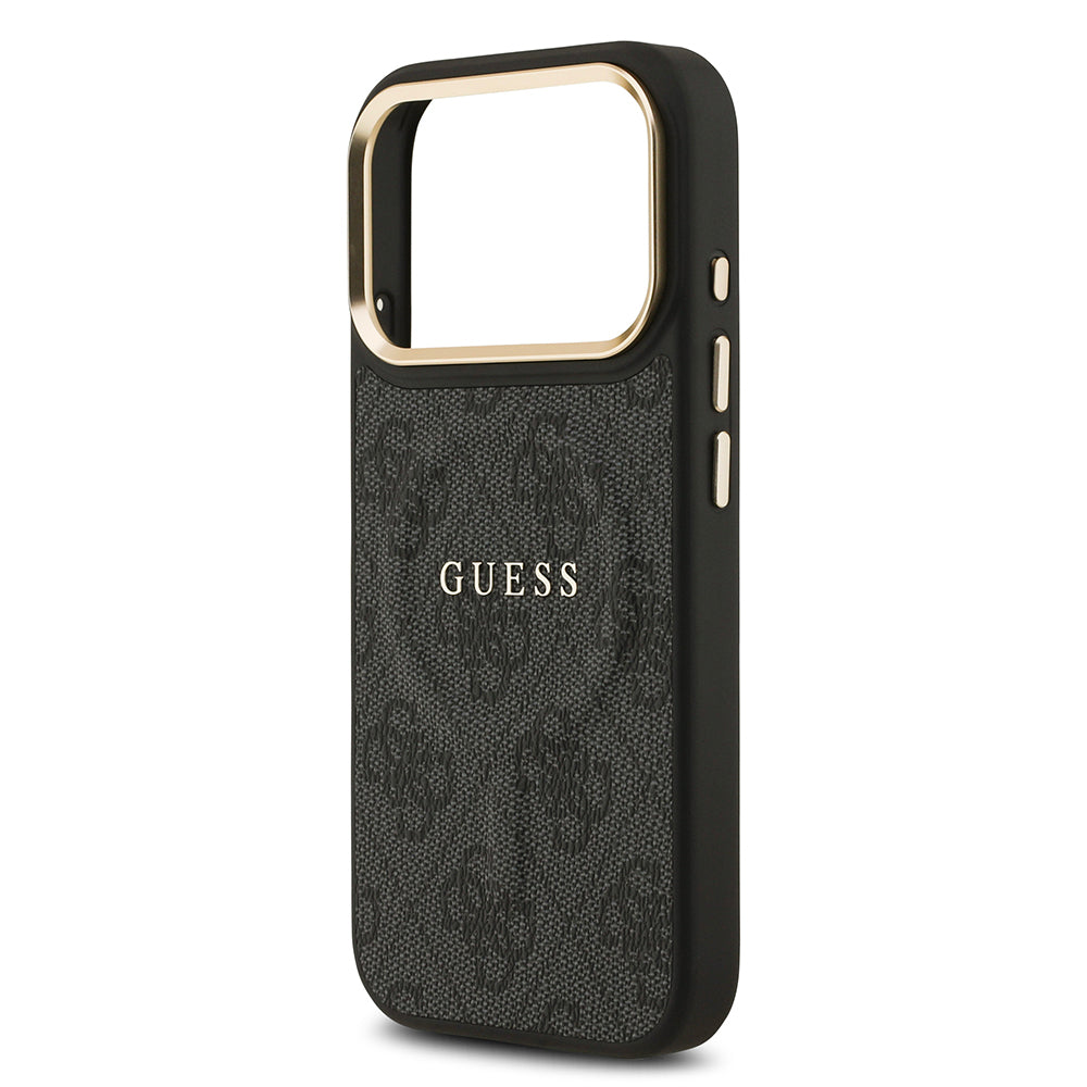 Apple iPhone 17 Pro Kılıf Guess Orjinal Lisanslı M-safe Şarj Özellikli Gold Metal Kamera Çerçeveli PU Deri 4G Desenli Yazı Logolu Kapak Kahverengi