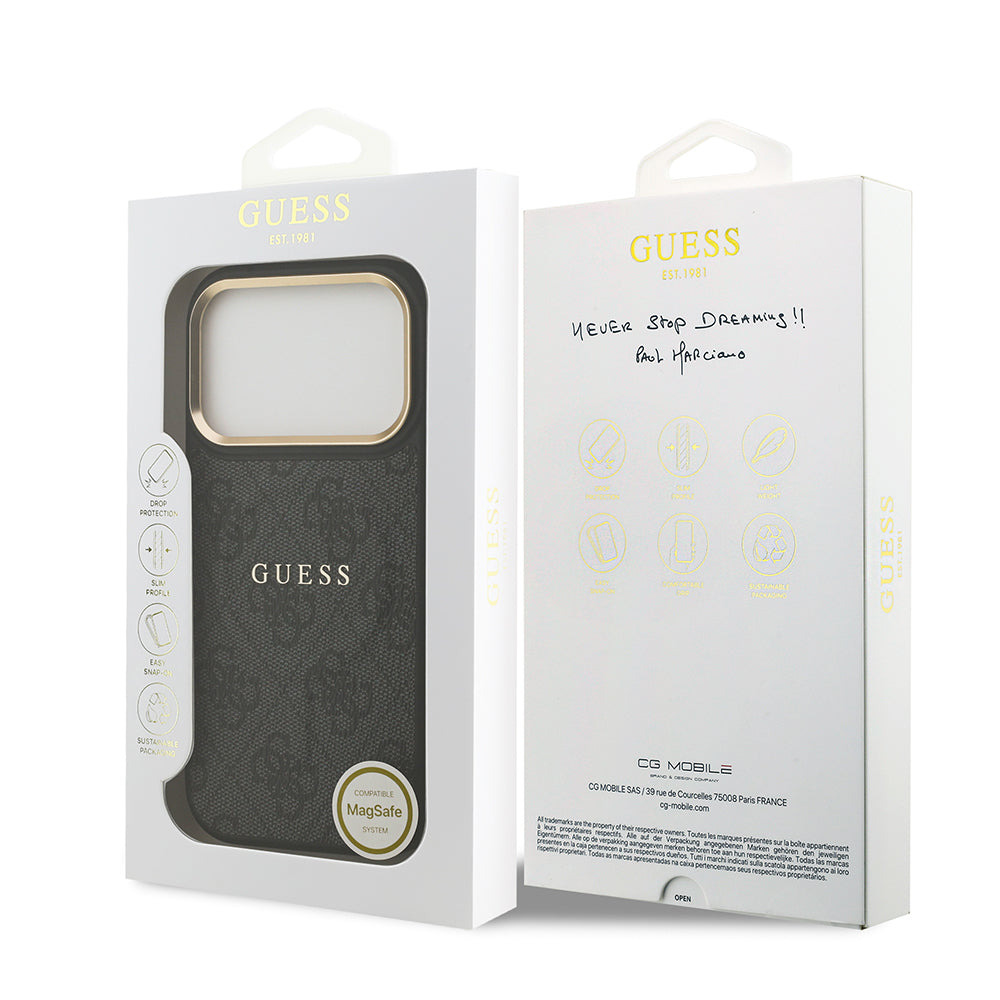 Apple iPhone 17 Pro Kılıf Guess Orjinal Lisanslı M-safe Şarj Özellikli Gold Metal Kamera Çerçeveli PU Deri 4G Desenli Yazı Logolu Kapak Kahverengi
