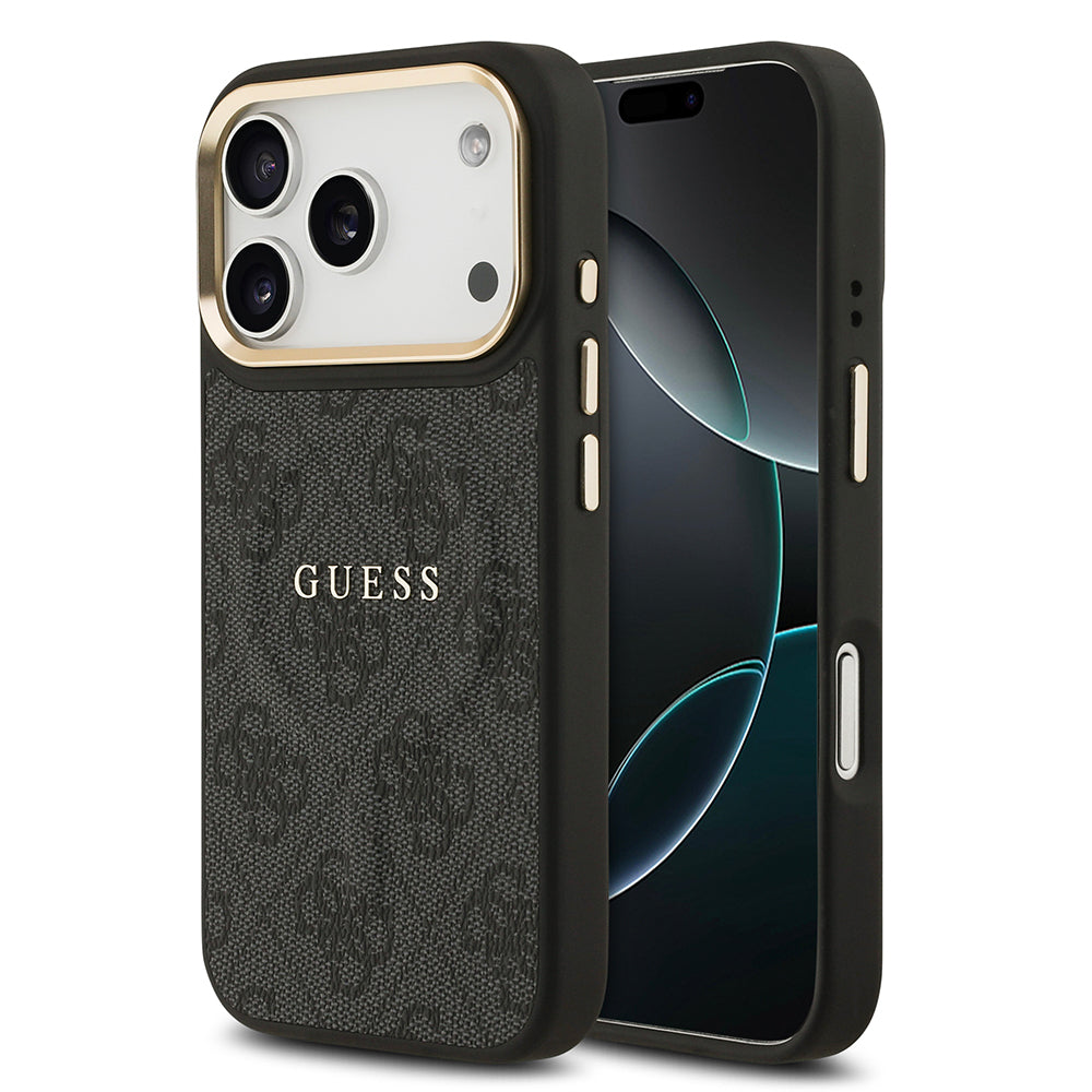 Apple iPhone 17 Pro Kılıf Guess Orjinal Lisanslı M-safe Şarj Özellikli Gold Metal Kamera Çerçeveli PU Deri 4G Desenli Yazı Logolu Kapak Kahverengi