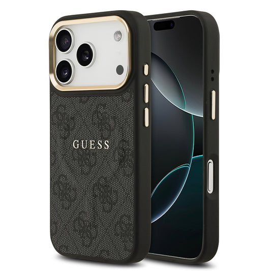 Apple iPhone 17 Pro Kılıf Guess Orjinal Lisanslı M-safe Şarj Özellikli Gold Metal Kamera Çerçeveli PU Deri 4G Desenli Yazı Logolu Kapak Kahverengi