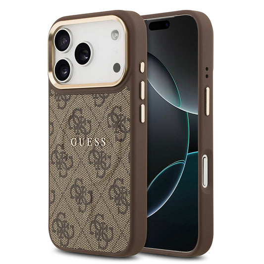 Apple iPhone 17 Pro Kılıf Guess Orjinal Lisanslı M-safe Şarj Özellikli Gold Metal Kamera Çerçeveli PU Deri 4G Desenli Yazı Logolu Kapak Kahverengi
