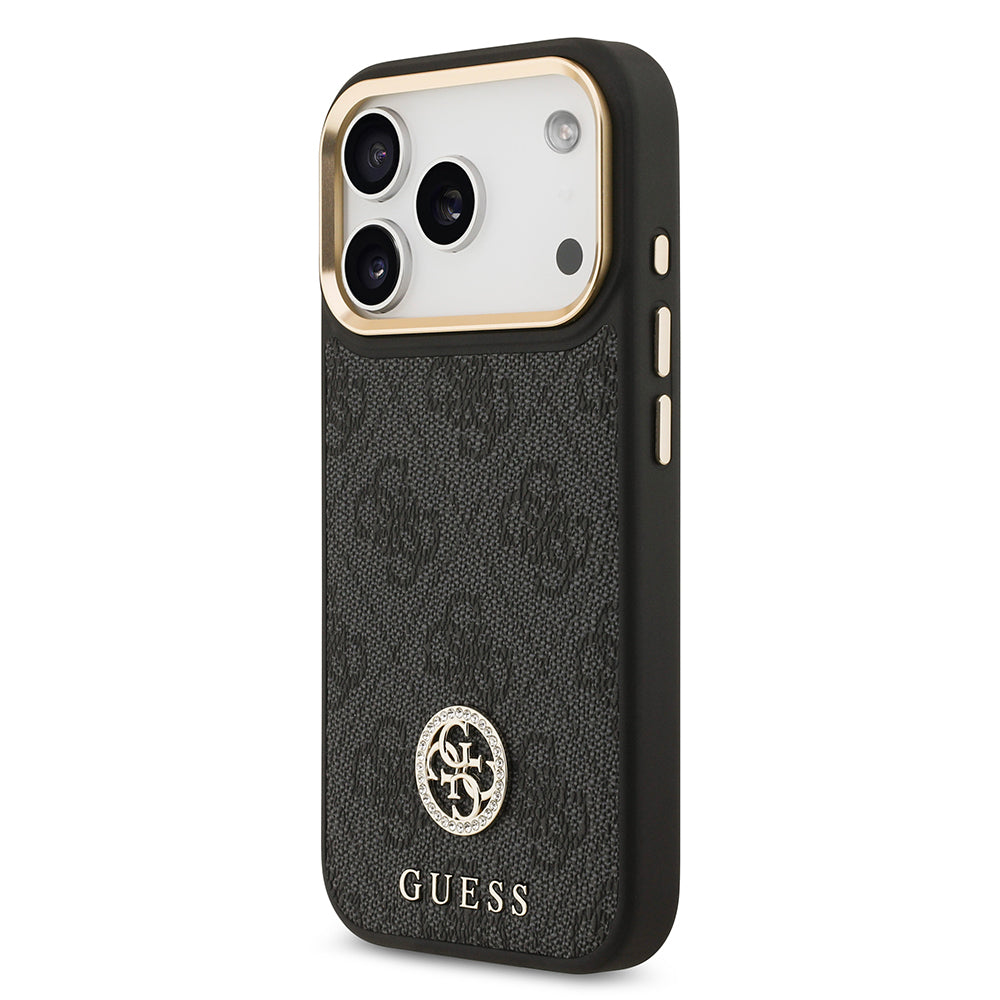 Apple iPhone 17 Pro Kılıf Guess Orjinal Lisanslı M-safe Şarj Özellikli Gold Metal Kamera Çerçeveli Taşlı 4G Logolu Kapak Kahverengi