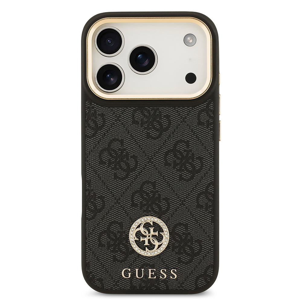Apple iPhone 17 Pro Kılıf Guess Orjinal Lisanslı M-safe Şarj Özellikli Gold Metal Kamera Çerçeveli Taşlı 4G Logolu Kapak Kahverengi