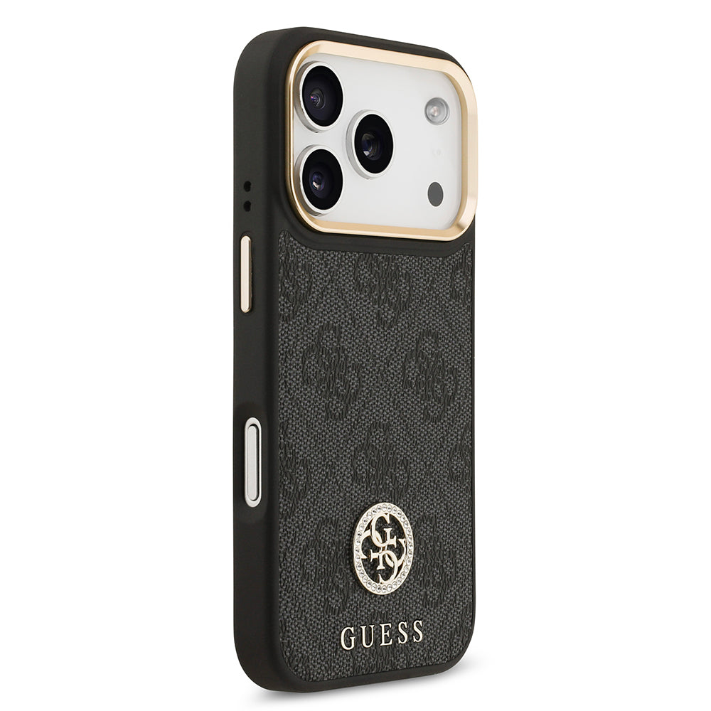 Apple iPhone 17 Pro Kılıf Guess Orjinal Lisanslı M-safe Şarj Özellikli Gold Metal Kamera Çerçeveli Taşlı 4G Logolu Kapak Kahverengi