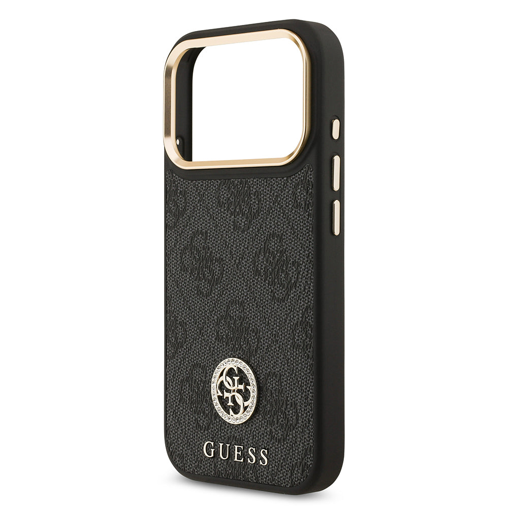 Apple iPhone 17 Pro Kılıf Guess Orjinal Lisanslı M-safe Şarj Özellikli Gold Metal Kamera Çerçeveli Taşlı 4G Logolu Kapak Kahverengi
