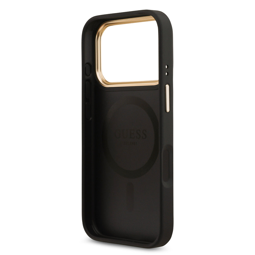 Apple iPhone 17 Pro Kılıf Guess Orjinal Lisanslı M-safe Şarj Özellikli Gold Metal Kamera Çerçeveli Taşlı 4G Logolu Kapak Kahverengi