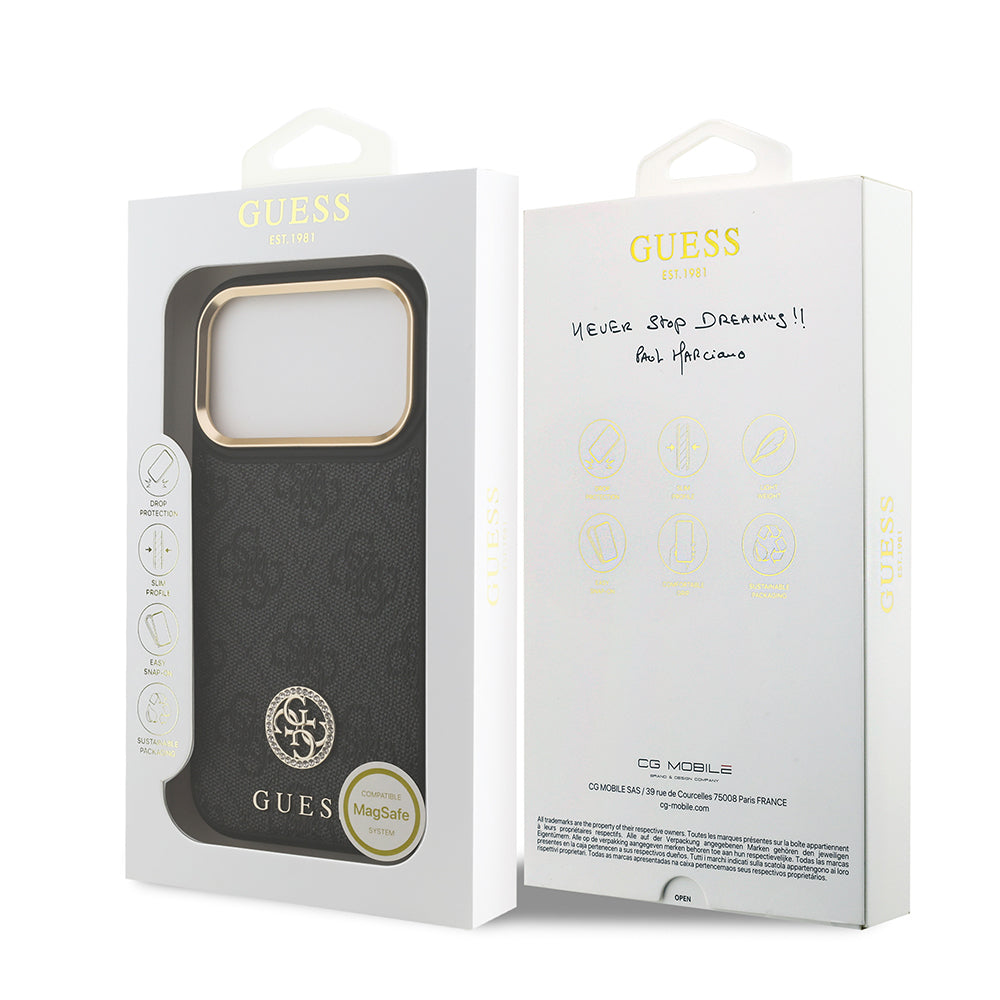 Apple iPhone 17 Pro Kılıf Guess Orjinal Lisanslı M-safe Şarj Özellikli Gold Metal Kamera Çerçeveli Taşlı 4G Logolu Kapak Kahverengi