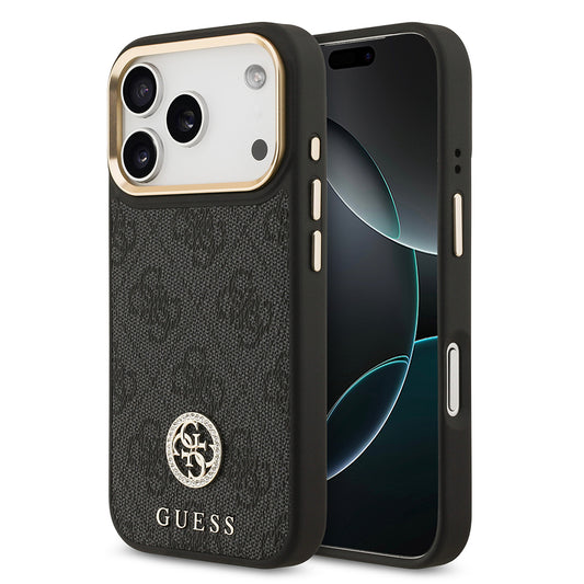 Apple iPhone 17 Pro Kılıf Guess Orjinal Lisanslı M-safe Şarj Özellikli Gold Metal Kamera Çerçeveli Taşlı 4G Logolu Kapak Kahverengi