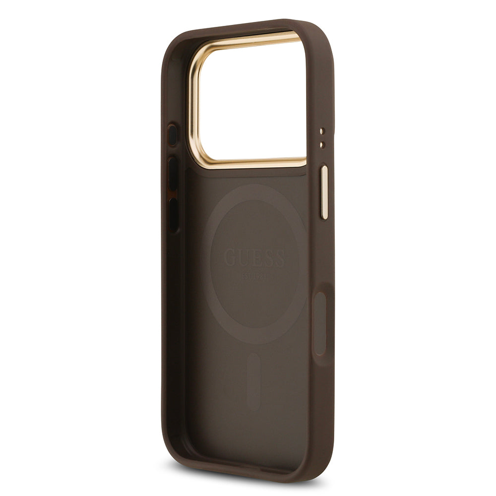 Apple iPhone 17 Pro Kılıf Guess Orjinal Lisanslı M-safe Şarj Özellikli Gold Metal Kamera Çerçeveli Taşlı 4G Logolu Kapak Kahverengi